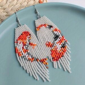 Koi Fish Boho Seed Bead Fringe Earrings